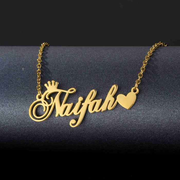 Gold Plated Crown With Heart Name Necklace