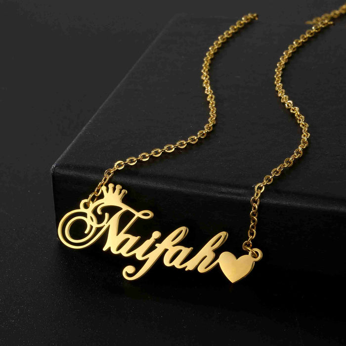 Gold Plated Crown With Heart Name Necklace